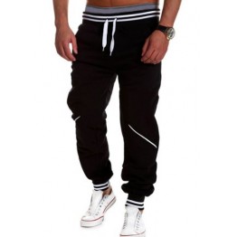 Loose Fit Stylish Lace-Up Color Block Rib Splicing Beam Feet Polyester Sweatpants For Men