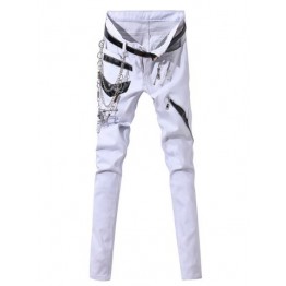 PU-Leather Spliced Zip-Up Embellished Zipper Fly Narrow Feet Pants For Men