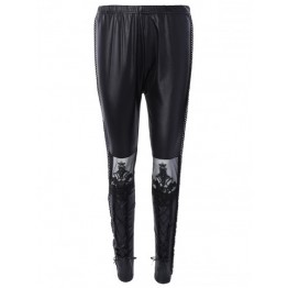 Slimming Lace Spliced Tied-Up Leather Pants