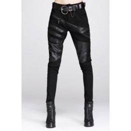 Stylish Solid Color Faux Leather Splicing Zippered Pants For Women