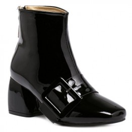 Patent Leather Square Toe Buckle Short Boots